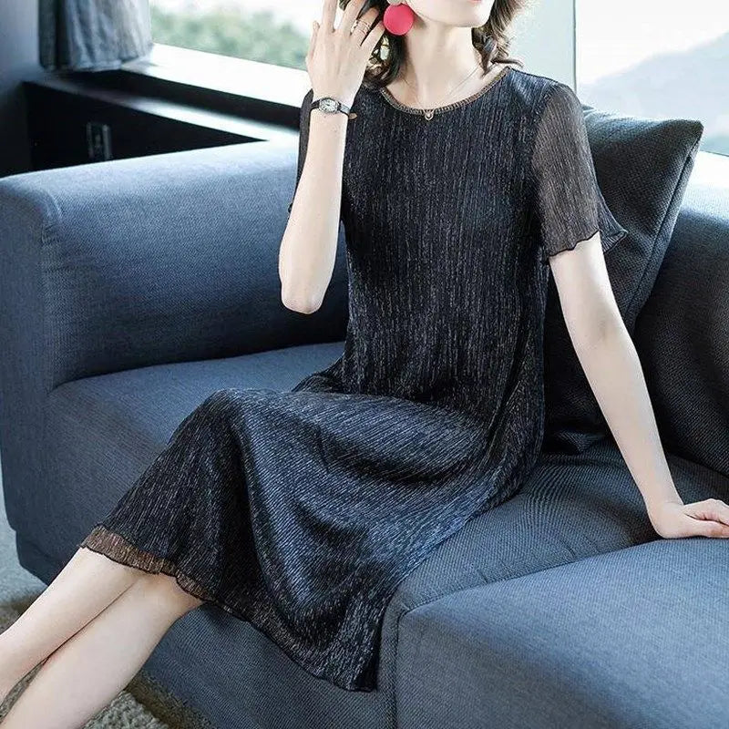 Women's Clothing  O-neck Patchwork Ladies Midi Dress Summer Korean Pullovers Solid Color Short Sleeve New Straight Dresses
