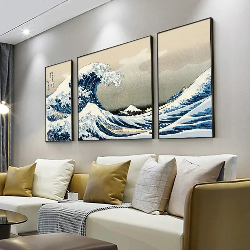 Japanese Wave Kanagawa 3 Panels Canvas Paintings Traditional Wall Art Posters and Prints Pictures For Living Room Home Decor