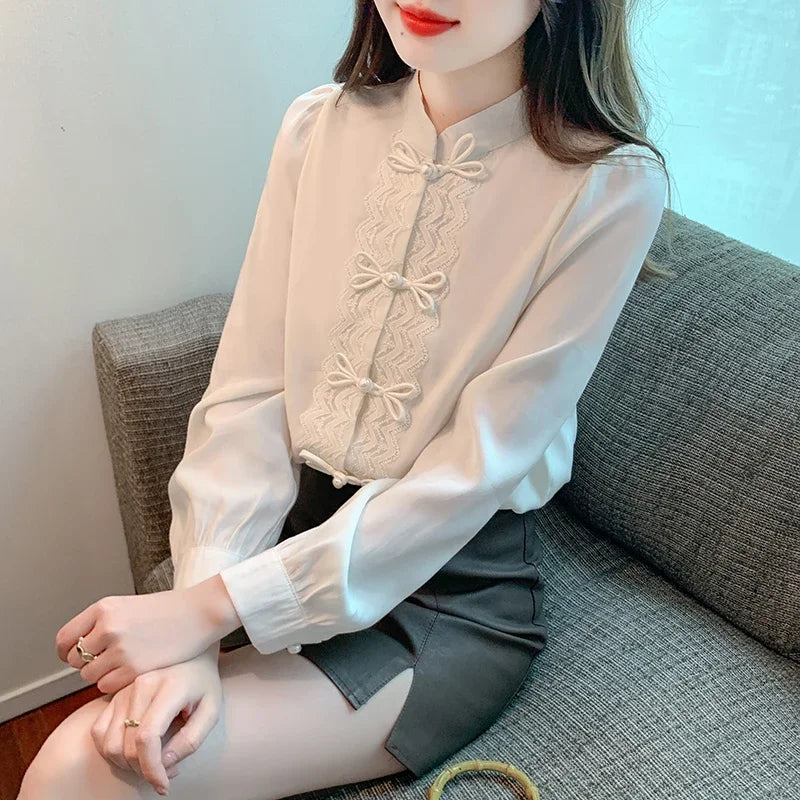 Chiffon Women's Shirts Loose Patchwork Chinese Style Blouses Spring/Summer Silk Fashion Clothing Vintage Women Tops