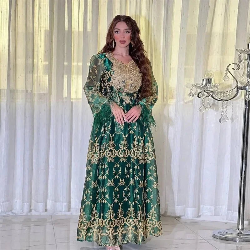 Muslim Ramadan Ethnic Floral Embroidery Beading Feathers Patchwork Long Sleeve V-Neck Dress woman With Sashes Djellaba Abaya