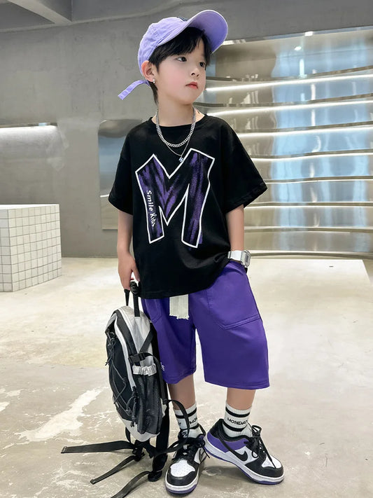 Summer Boys Cotton Contrast Alphabet t-Shirt Tops+Drawstring Shorts Set School Kids Tracksuit Child 2PCS Jogger Outfit