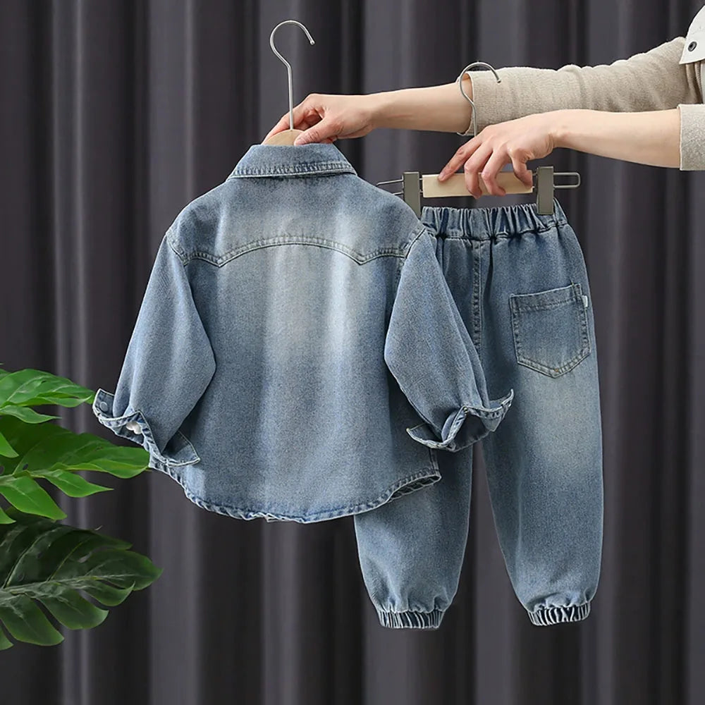 Boys Denim Coats Suit Spring Autumn Kids Long Sleeve Denim Shirts+Loose Jeans Pants Two-Piece Set Children Clothes
