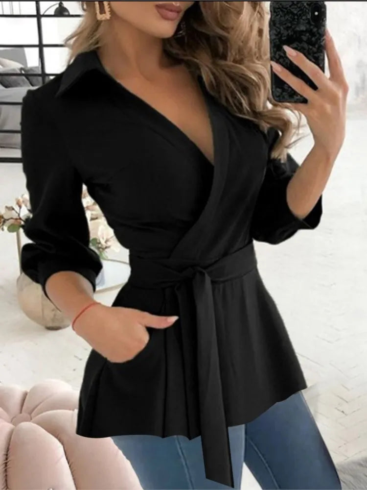 Long Sleeve Print Belt Shirt For Women, Slim Blouses And Tops Shirts Elegant Clothing