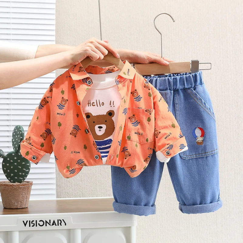 autumn new fashion children's clothing baby cartoon dinosaur cute set boy's solid color Plaid Shirt jeans three piece set