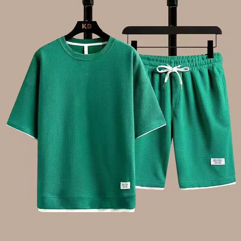 summer new men's sports casual loose Waffle short sleeve suit fashion top T-shirt + shorts handsome couple European code