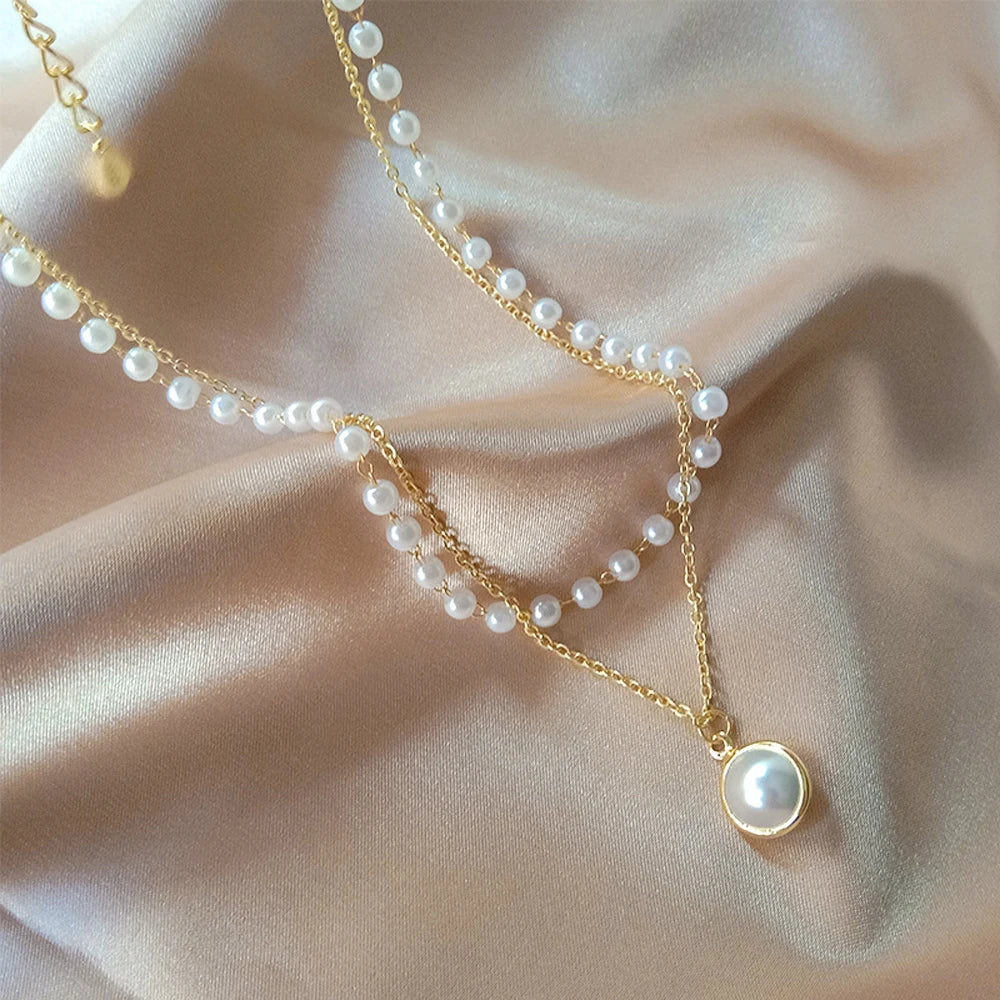 New Fashion  Pearl Choker Necklace Cute Double Layer Chain Pendant For Women Jewelry Girl Gift