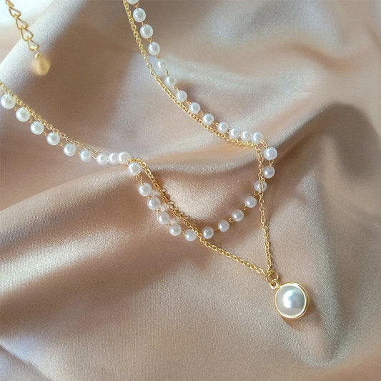 New Fashion  Pearl Choker Necklace Cute Double Layer Chain Pendant For Women Jewelry Girl Gift