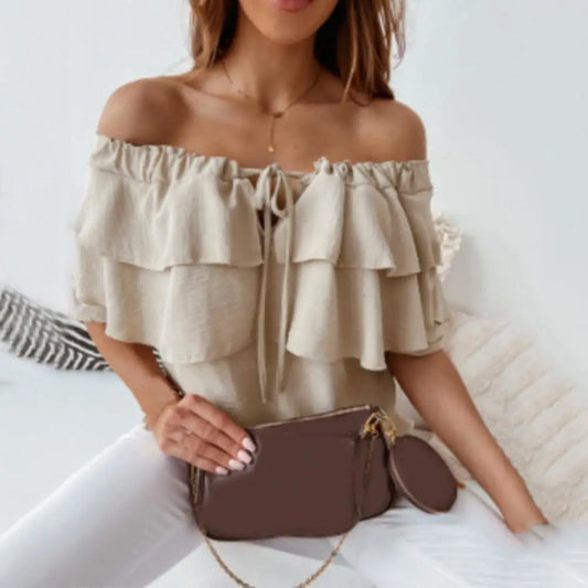 Collar Layered T-shirt Stitching Crafts Women Blouse Off Shoulder Lantern Long Sleeve Pullover Top Female Clothing
