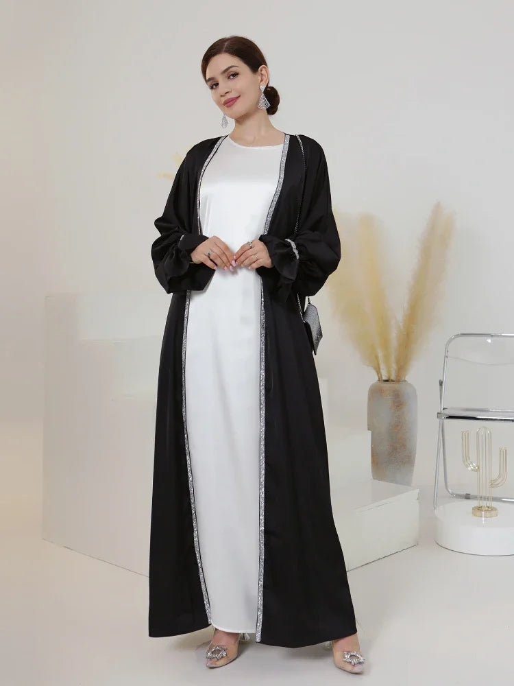 Satin Abaya Kimono Plain Flare Sleeve Beads Abayas for Women Dubai Luxury Turkey Muslim Dress Islamic Clothing Kaftan