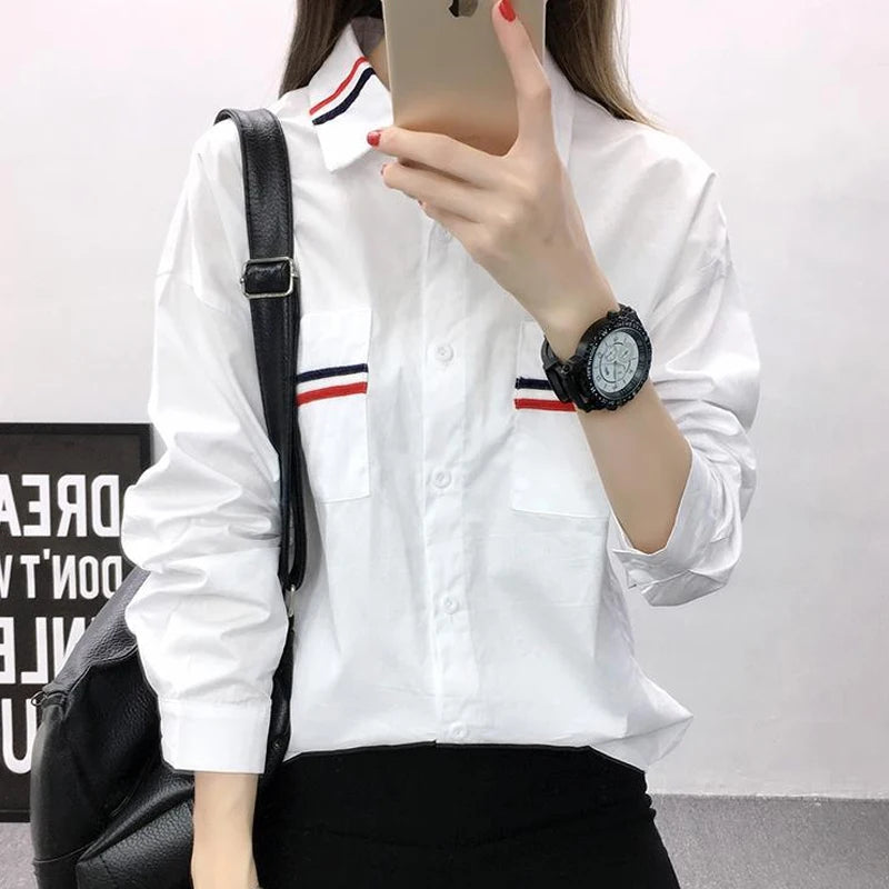 Long Sleeve Loose Turn-down Collar Spring Summer Business Casual Patchwork Pockets Solid Simplicity Blouses Women's Clothing