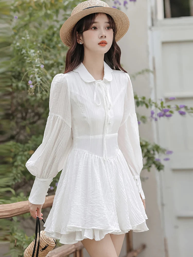 Spring Summer White Chiffon Bow Polo Collar Mini Dress 2024 New Elegant Bodycon Ruffled Dress Women Korean Casual Party Vestidos