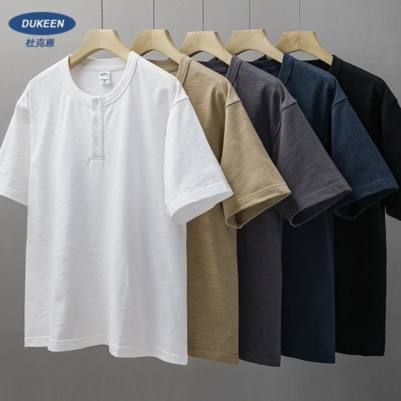 Heavy weight Henley Shirt for Men Short Sleeved Summer 100% Cotton Oversized White T Shirt Man Clothing