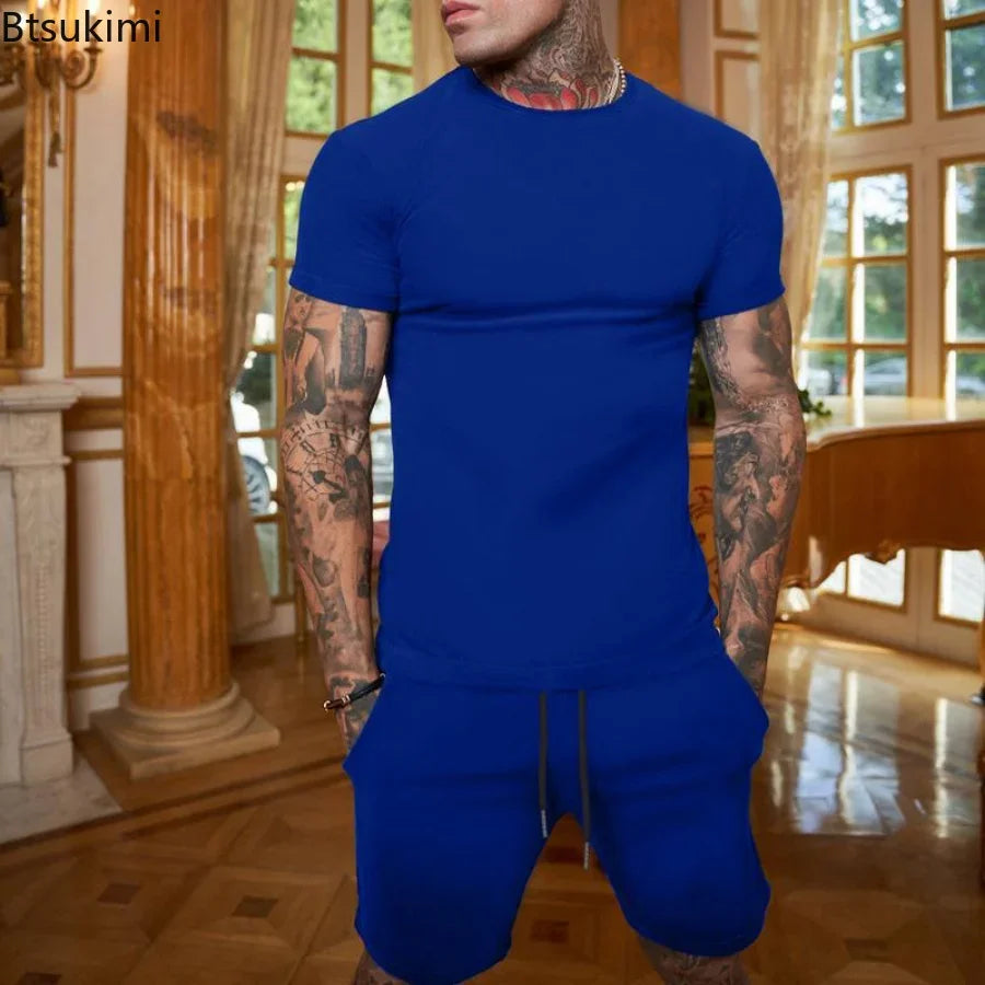 Summer 2PCS Tracksuit for Men Short Sleeve T-Shirt+Shorts 2 Piece Set Sports Suit Men Solid Gyms Fitness Sportswear Sets