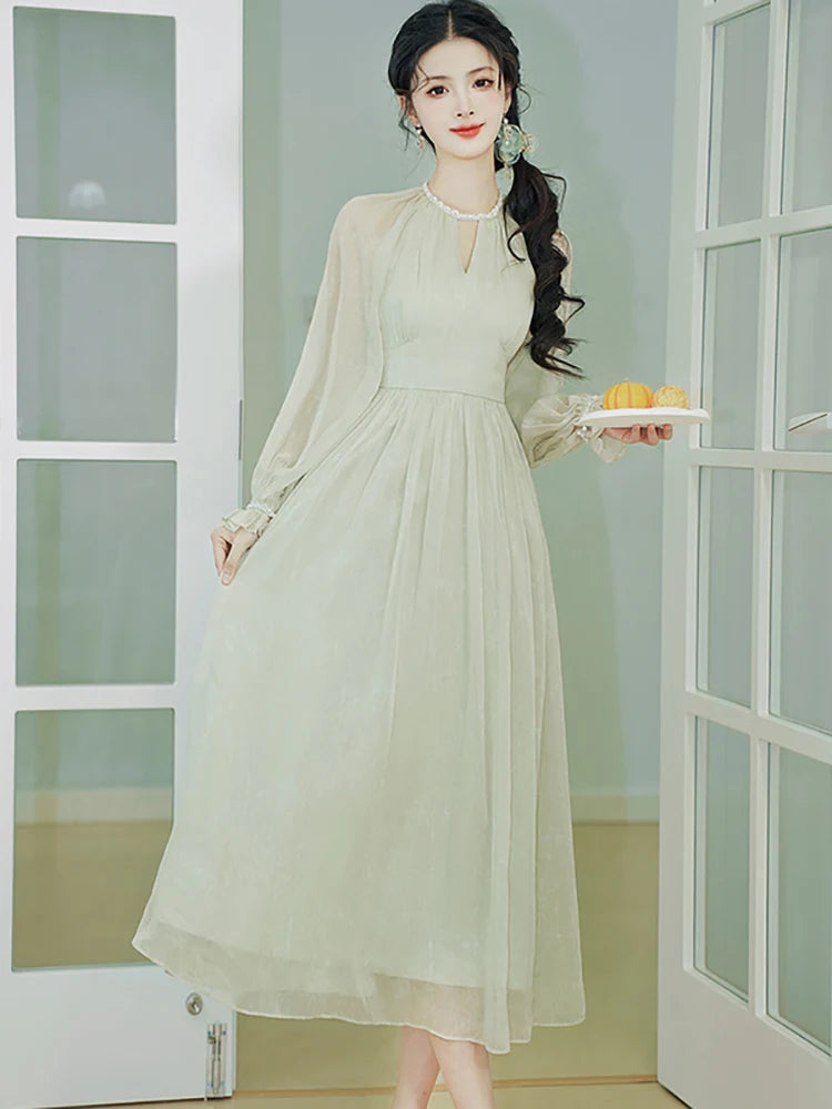 Green Chiffon Chic Diamonds V-Neck Long Dress Spring Autumn Elegant Casual Home Dresses Women Korean Fashion Party