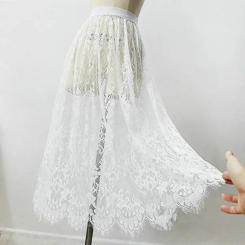 Women Mesh Lace Transparent Long Tulle Skirt