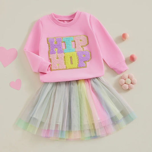 Wankitoi Toddler Kids Baby Girl Easter Outfit Long Sleeve Letter Embroidery Sweatshirt Tulle Tutu Skirt Baby Spring Clothes
