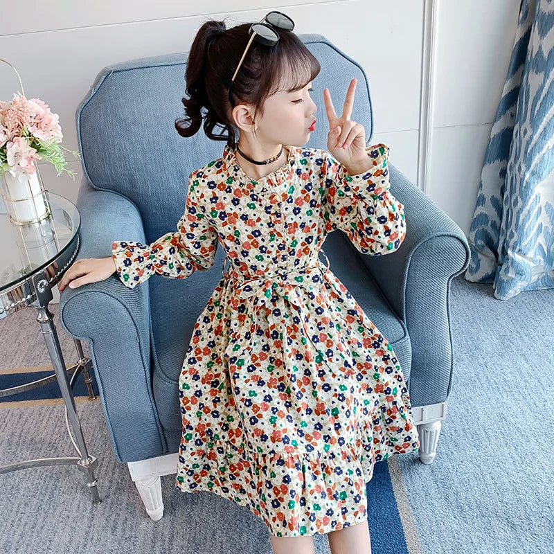Girls autumn spring Elegant New Children Casual Princess Teenager floral lace cotton long dress