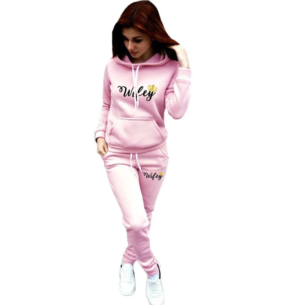 Couple Sportswear Hubby Wifey Print Lovers Outfits Fleece Suit Fashion Men Hoodie Pants 2 Pieces Sets Women's Tracksuit
