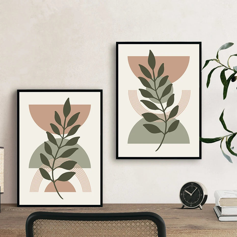 Boho Abstract Orange Green Leaf Semicircle Poster Minimalist Wall Art Print Picture Botanical Canvas Painting Living Room Decor