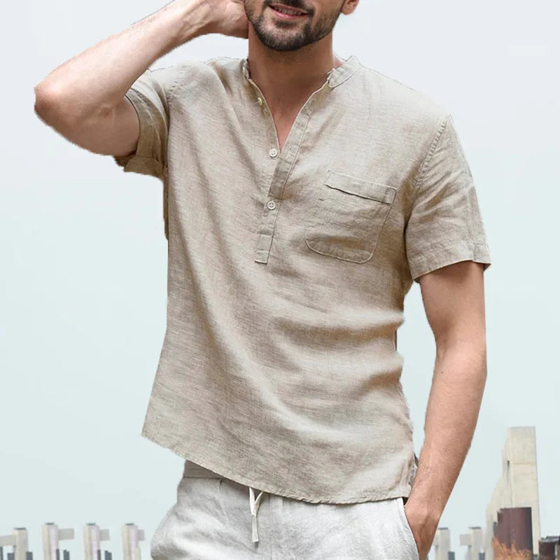 High Quality  Men'S Linen V Neck Bandage T Shirts Male Solid Color Long Sleeves Casual Cotton Linen Tshirt Tops