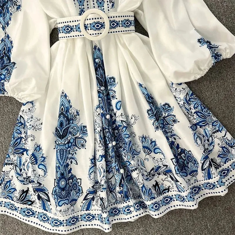Women Bohemian Dress Spring Summer Print Long Lantern Sleeve V Neck Corset Slim Button Pleated Dress Women Vacation Dress