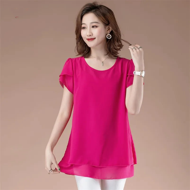 Women Solid Chiffon Blouse Casual Loose Elegant Tops Female Short Sleeve Fashion Shirts