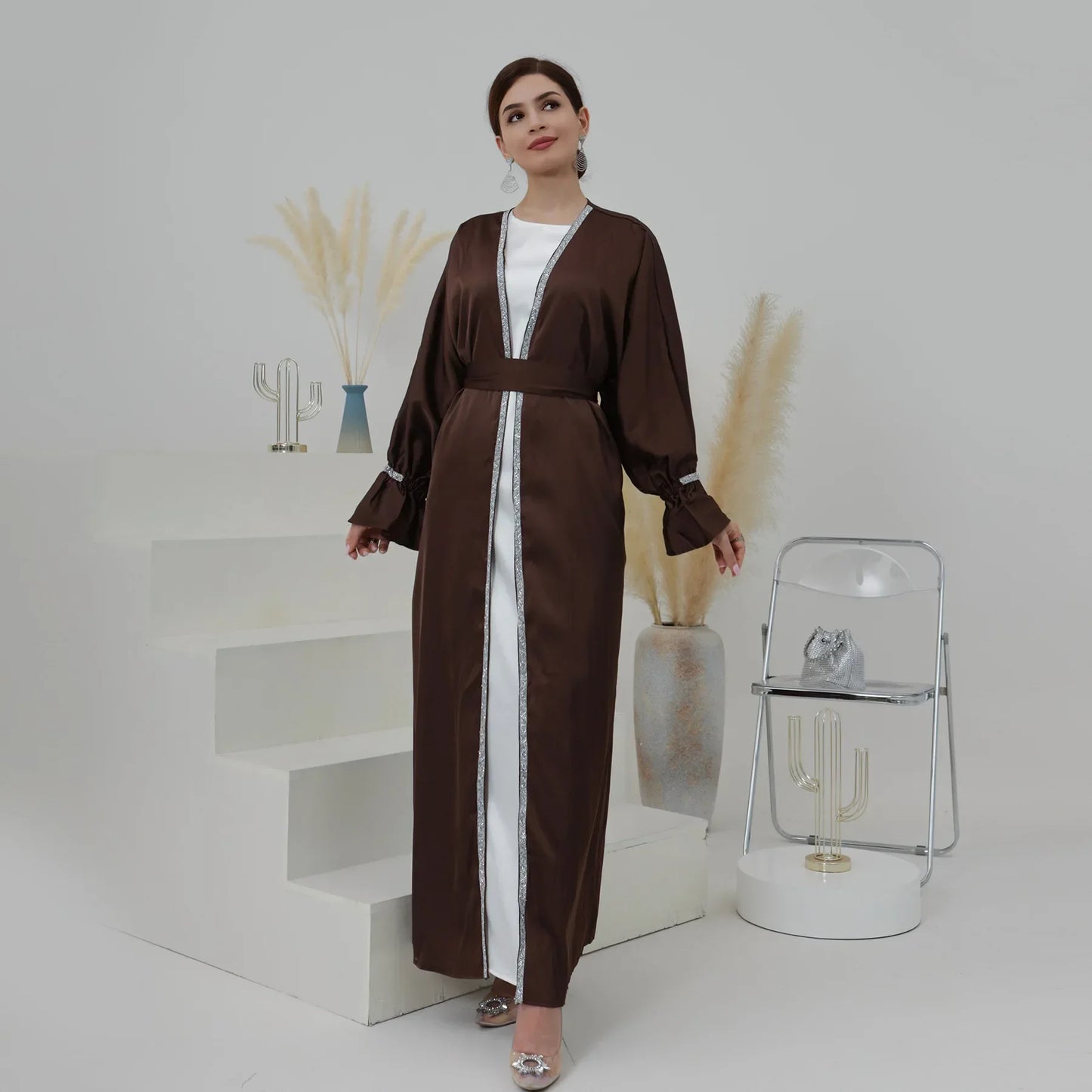 Satin Abaya Kimono Plain Flare Sleeve Beads Abayas for Women Dubai Luxury Turkey Muslim Dress Islamic Clothing Kaftan