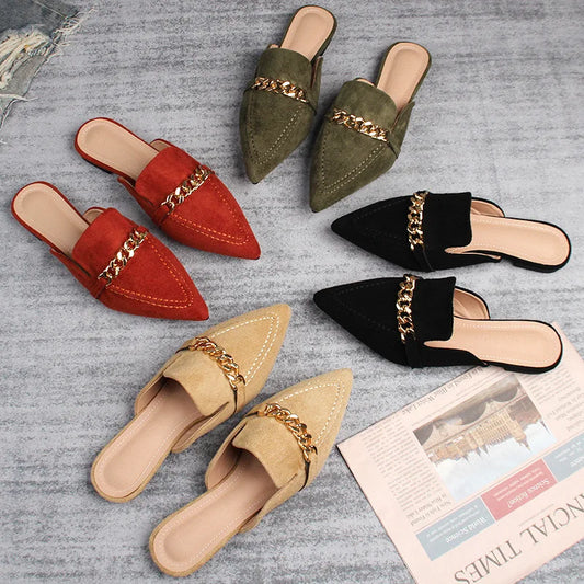 Hot Sale Slippers New Chain Mules Women Slides Pointed Toe Ladies Shoes Summer Fashion Footwear Woman Sandals Female Flip Flops