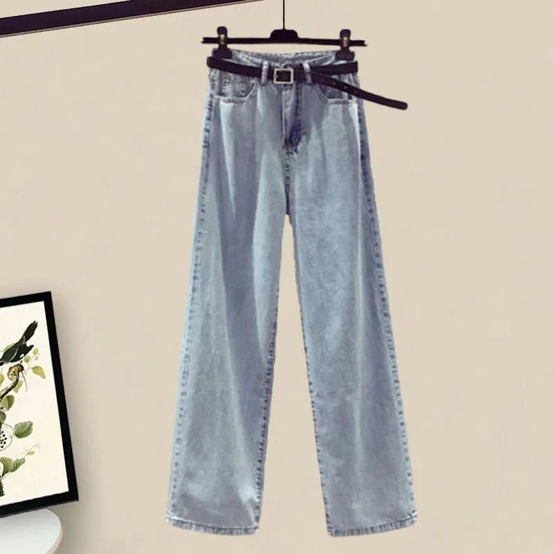 Style Elegant Women's Pants Set Loose Casual Chiffon Shirt Pierced Jeans Two-piece Set Outfits