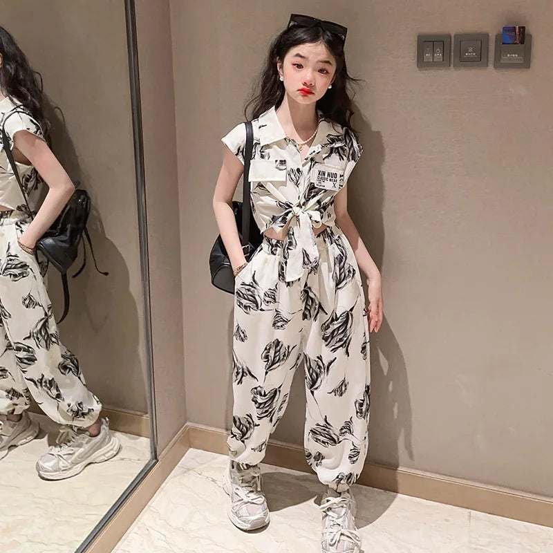 Summer  Baby Girls Clothes Sets Print Pattern Outfits Kids Clothes Shirt +Pants Children Clothing Set 5 6 7 8 9 10 11 12 Yrs