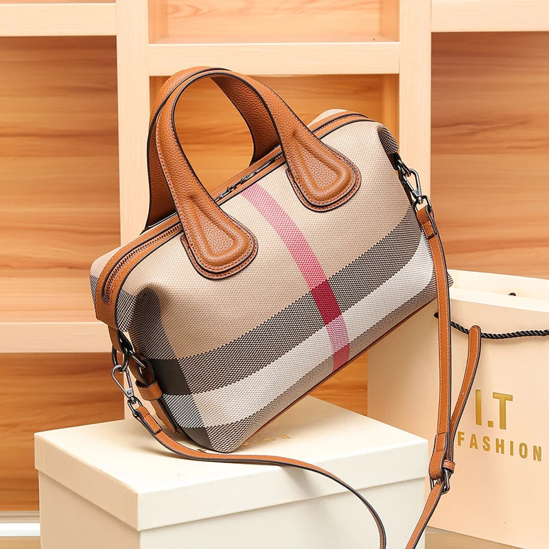 Boston Handbags Luxury Fashion Plaid Canvas Women Messenger Shoulder Bags Brand Designer Portable Crossbody Bag Purses