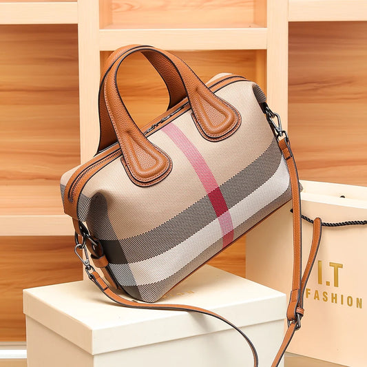 Boston Handbags Luxury Fashion Plaid Canvas Women Messenger Shoulder Bags Brand Designer Portable Crossbody Bag Purses