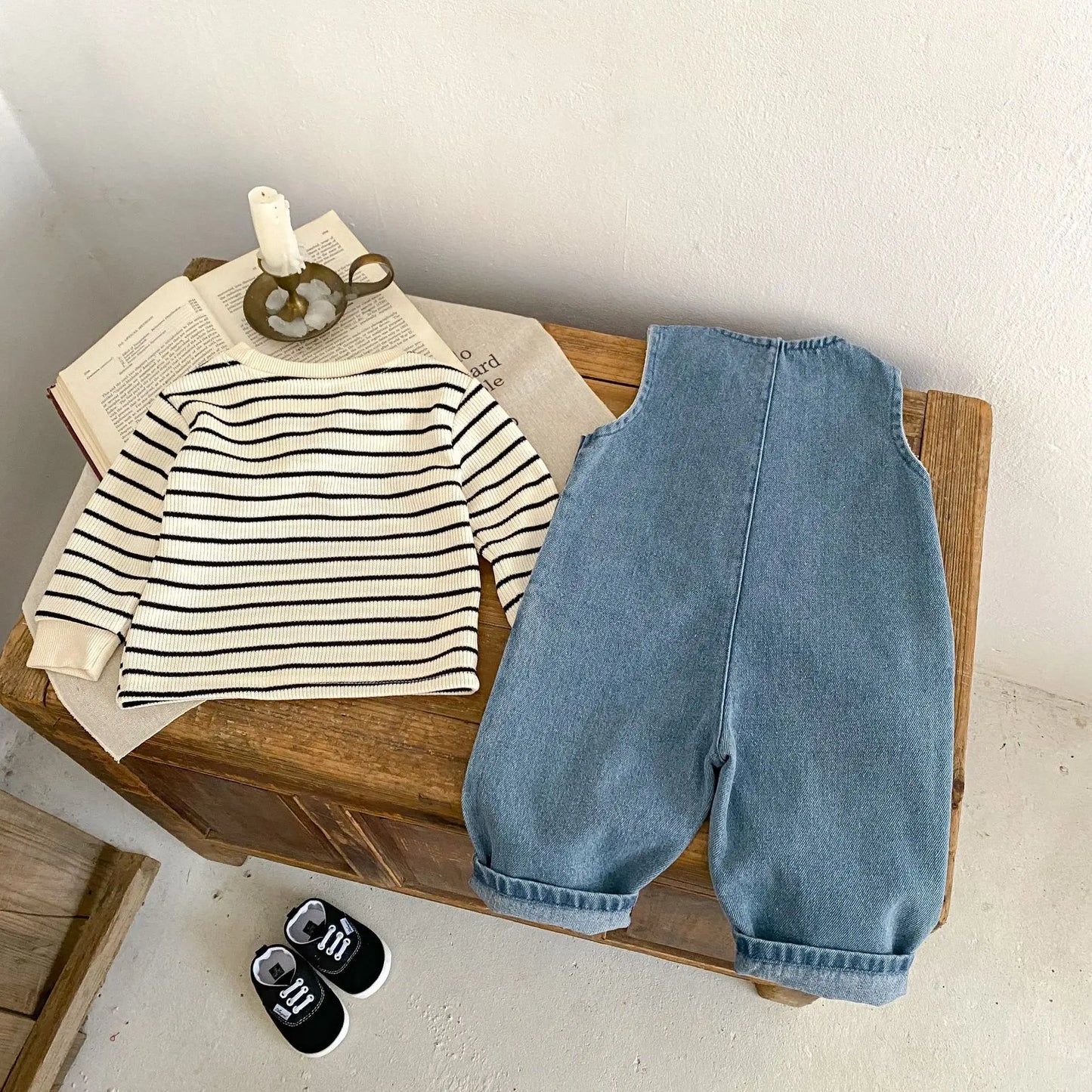 Spring New Baby Denim Romper Set Infant Boy Girl Sleeveless Jumpsuit + Striped Tops 2pcs Suit Toddler Overalls Outfits