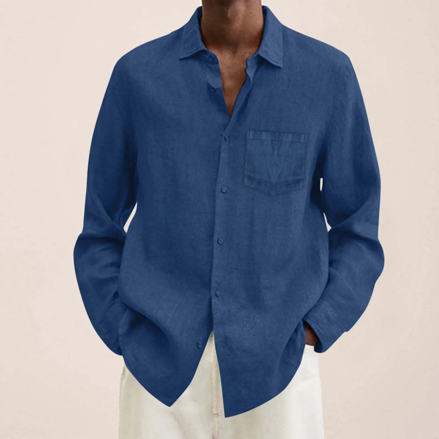 Men's Casual Cotton Linen Shirt Turn Down Collar Solid Long Sleeve Loose Top Spring and Autumn Handsome Fashion Shirts