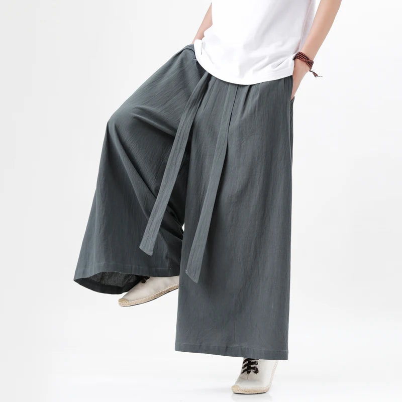 Chinese Style  Linen Cotton Linen Pants Man Japanese Kimono Pants Male Streetwear Summer Retro Wide-leg Loose Trousers for men