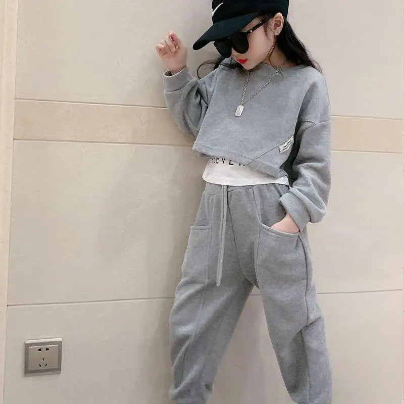 Spring and Autumn Korea Style Fashion Kids Clothes Girl 2Pc Set Long Sleeve Letter Sweatshirt Pant Outfits 4 6 8 10 12 14 Years