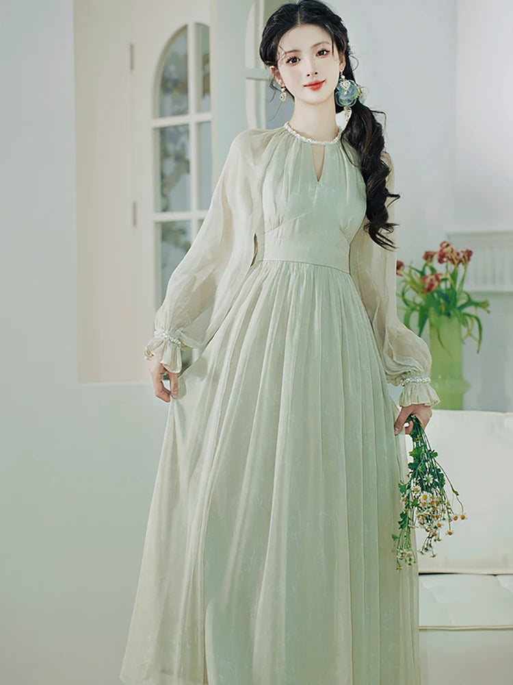 Green Chiffon Chic Diamonds V-Neck Long Dress Spring Autumn Elegant Casual Home Dresses Women Korean Fashion Party