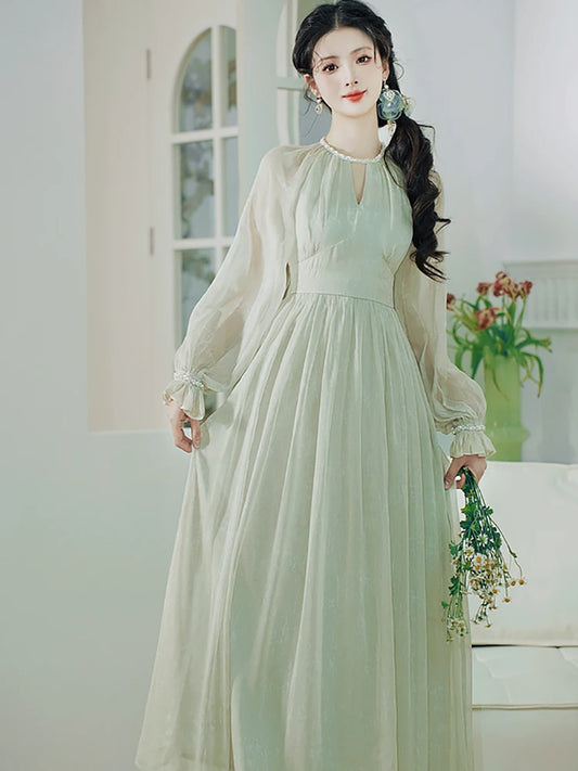 Green Chiffon Chic Diamonds V-Neck Long Dress Spring Autumn Elegant Casual Home Dresses Women Korean Fashion Party