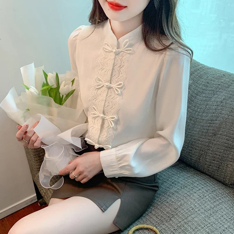 Chiffon Women's Shirts Loose Patchwork Chinese Style Blouses Spring/Summer Silk Fashion Clothing Vintage Women Tops