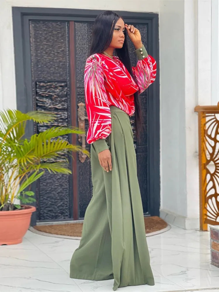 Women's Casual Suit Print  Autumn Fashion Lantern Long Sleeved Top Irregular Collar High Waist Wide Leg Women Long Pants Set