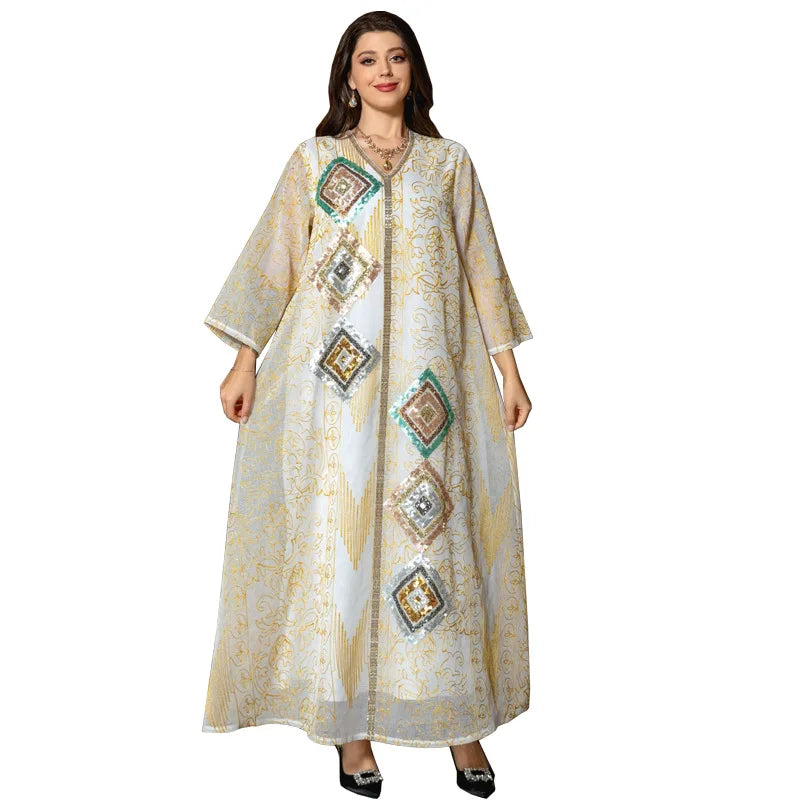 Luxury Middle East Gown Muslim Mesh Embroidery Bead Piece Flower Gown Temperament woman Dress