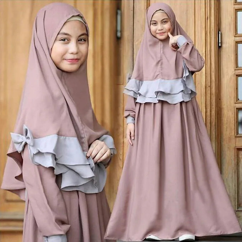2PCS Kids Girls Abaya Muslim Prayer Garment Hijab Maxi Dress Set Robes Islamic Children Dresses Kafan Robe Arab Ramadan Clothes