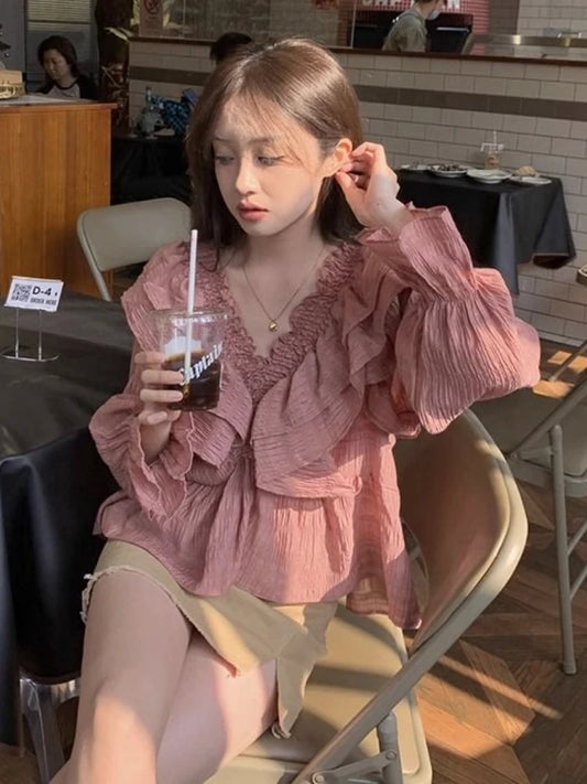Ruffles Blouses Women Elegant Spring Chic V-neck Fashion Long Sleeved College Ins Popular Solid Simple Blusas Tops Cozy Clothing