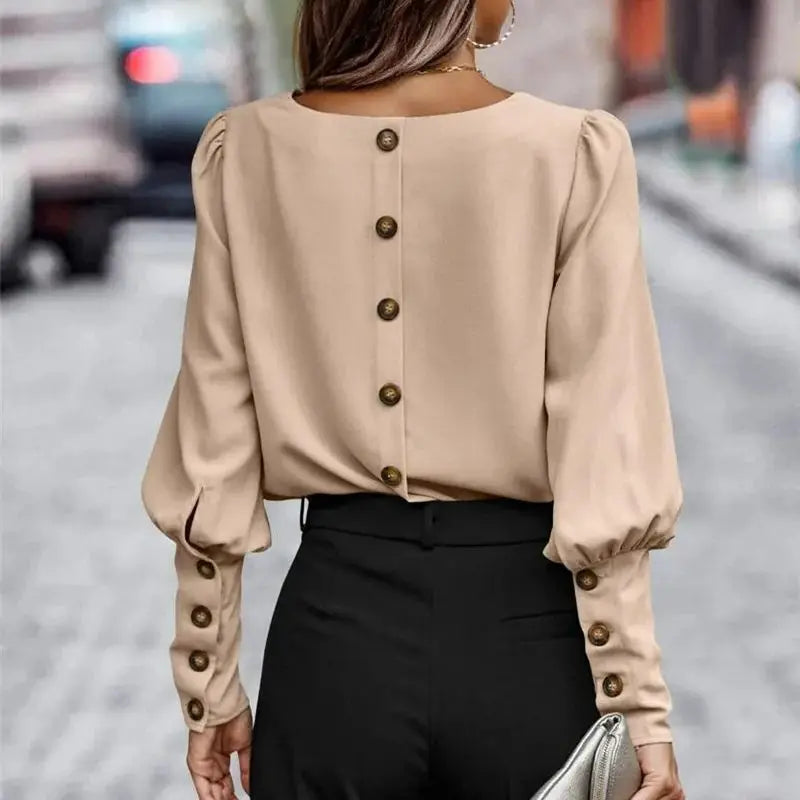 Long Sleeve O Neck Casual Women Blouse And Tops Elegant  Fall Button Clothes Solid Color Loose Shirts