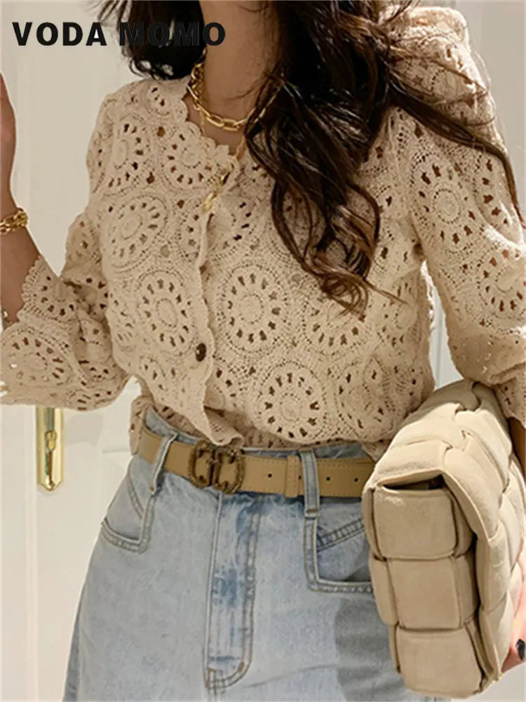 Chic Blouses Sweet Tops Hollow Out Full Sleeves Hook Flowers Stylish Cardigans Vintage Women
