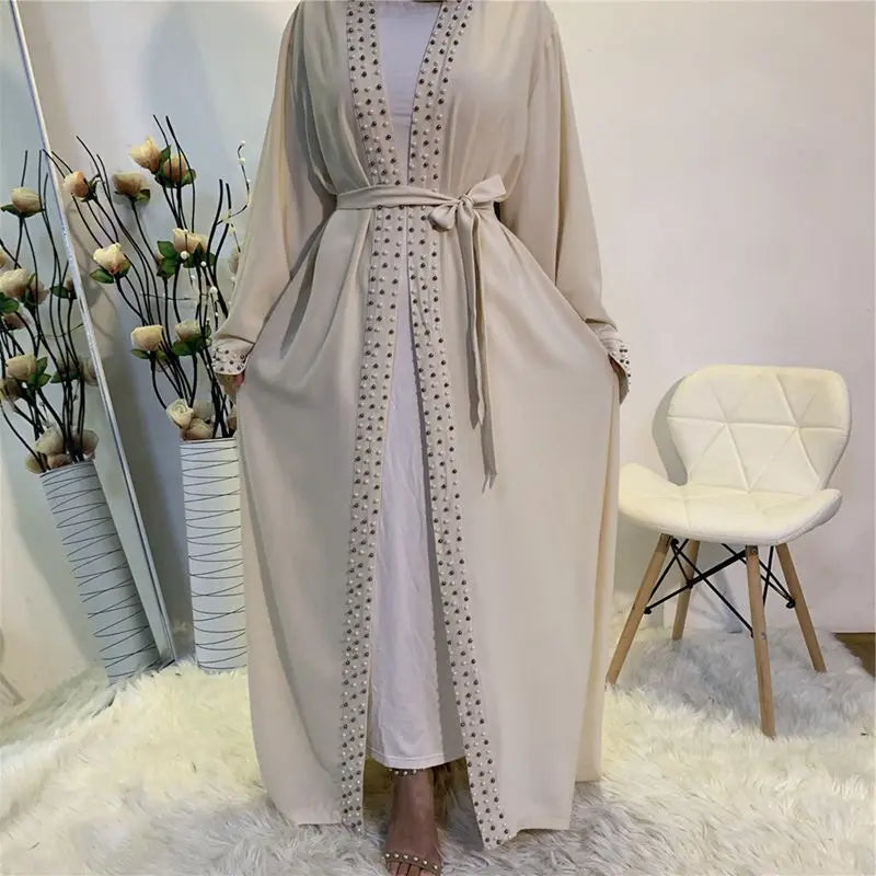 Abaya For Women Elegant Pure Color Muslim Pearl Trim Cardigan Long Sleeves Robe