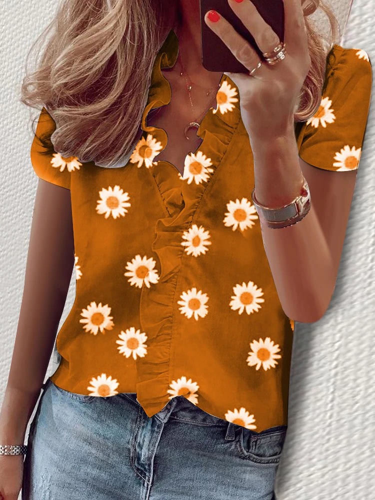 Casual Short Sleeve V Neck Ruffles Blouses Elegant Shirts Summer Vintage  Loose Tops Female Boho Tunic
