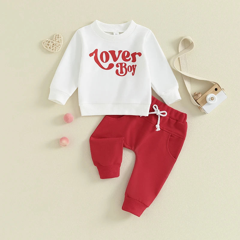 Infant Baby Boy Valentine's Day Outfits Long Sleeve Shirts Letter Print Sweatshirt with Red Pants Set0-3Y