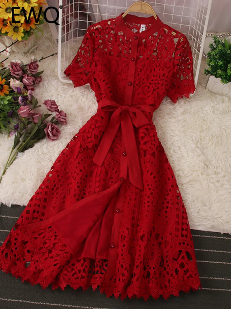 French Stylish Hollow Out Lace Vestido Women Elegant Evening Dress