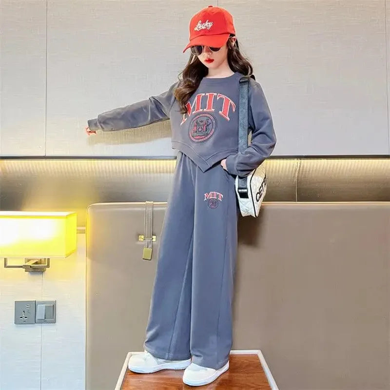 Girls Casual Sports Suit Kids Fashion Printed Letter Irregular Top Long Pants 2 Piece Set 3-15Y  Clothing Trend